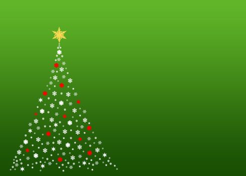 An illustration of a christmas tree formed by white  symbols made out of real snowflakes,On green gradient background, plenty of copy space and blank areas to put designs or text into.