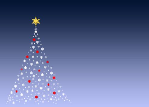 An illustration of a christmas tree formed by white  symbols made out of real snowflakes,On green gradient background, plenty of copy space and blank areas to put designs or text into.