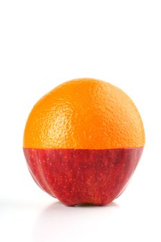 apple and an orange cut in half, fit together to form a hybrid fruit, shot on white in studio