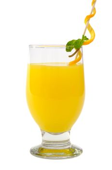 Glass of orange juice decorated with orange peel and mint leaves isolated on white background