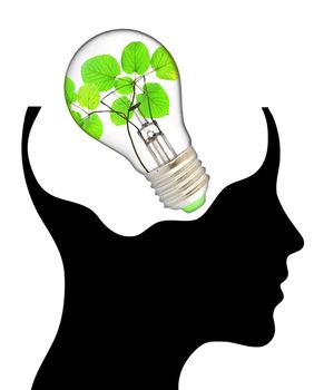 bulb with ecology symbol in human head,