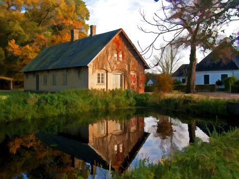 Beautiful countryside house reflected in a lake Denmark digital art manipulation