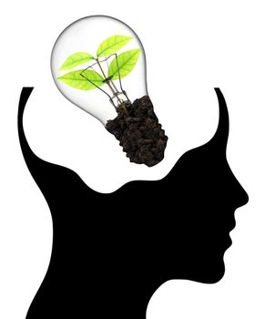 bulb with ecology symbol in human head,