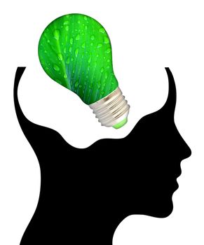 bulb with ecology symbol in human head,