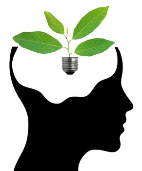 bulb with ecology symbol in human head,