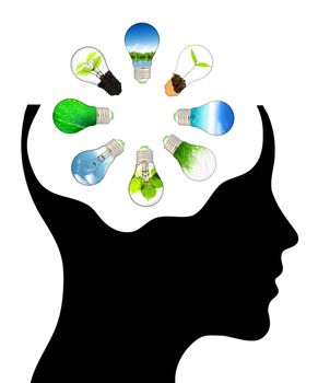 bulb with ecology symbol in human head,