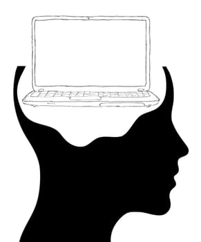 Brain connected to a laptop computer - isolated over a white background
