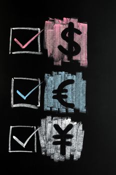 Symbols of Dollar, Euro and Yuan drawn with colorful chalk on blackboard