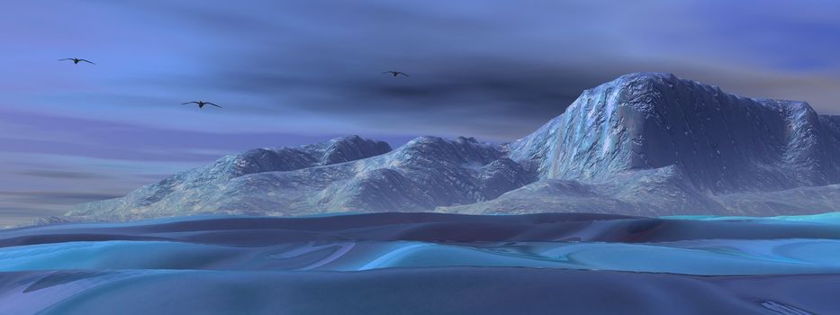 iceberg blue and sea and birds