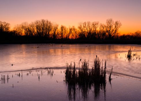 A frozen pond at sunrise in winter, Lancaster County, Nebraska, USA