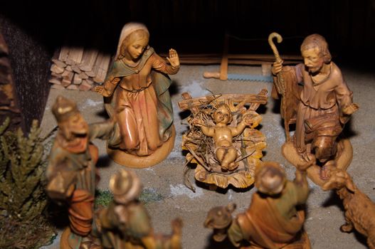 Christmas nativity scene with Mary, Joseph, baby Jesus and the three wise men