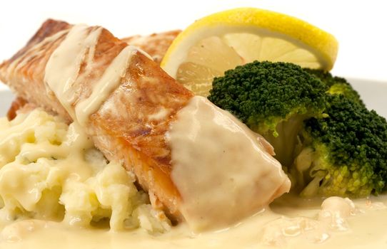 Salmon with mashed potatoes, broccoli, and creamed lemon shrimp sauce