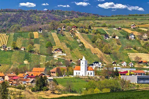 Idyllic nature of Prigorje region, village Visoko on Kalnik mountain hill, with traditional winemaking cottages