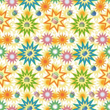 Holiday background with a pattern of festive gift boxes and stars.
