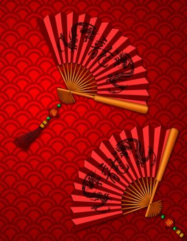 Chinese Fans with Dragon Text Calligraphy and Prosperity Word on Tag on Red Scales Background Illustration