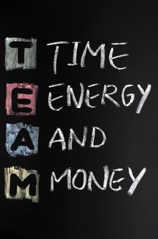 TEAM acronym written in colorful chalk on blackboard