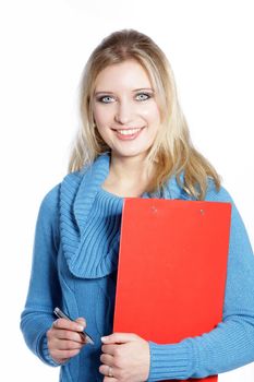 Casual employee holding a ball pen and red folder