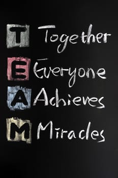 TEAM acronym written in colorful chalk on blackboard