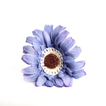 Closeup of a decorative blue flower lying on a white background