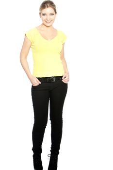 Casual blonde woman standing in a front view image