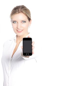 Portrait of Caucasian female holding touch screen phone