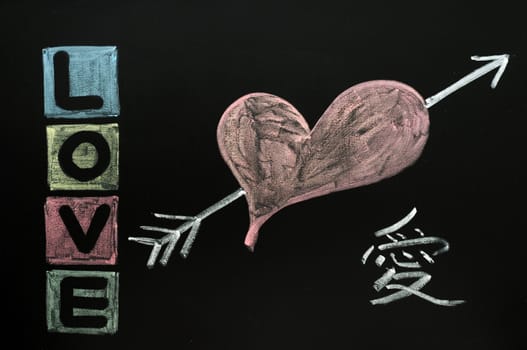 Love with Chinese character drawn in colorful chalk on a chalkboard 