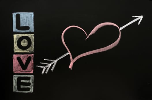 Love drawn in colorful chalk on a chalkboard 