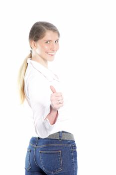 Female entrepreneur posing with thumbs up sign