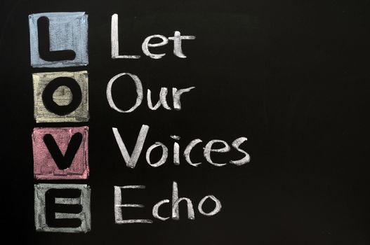 LOVE acronym, Let our voices echo on a blackboard with words written in chalk