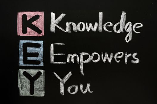 KEY acronym - Knowledge empowers you on a blackboard with words written in chalk