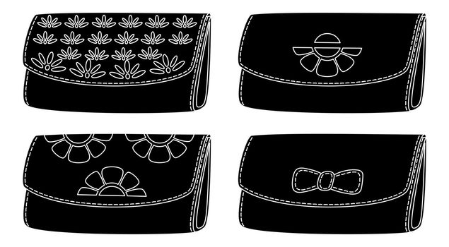 Set wallets for money, with abstract floral pattern, black silhouette on white background. Vecto