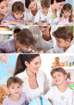 Young woman and little girls coloring