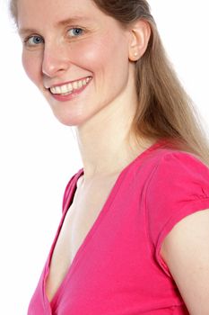 Smiling mid age female in a white background