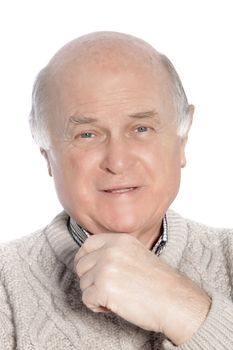 Senior Caucasian confident man smiling, portrait on white background