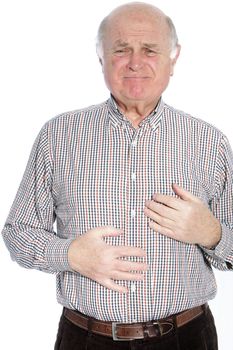 Portrait of an old man having a chest pain against white background