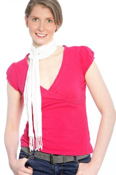 Mid age female posing with her red shirt and white scarf