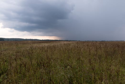Dramatic storm clouds over a rhye field