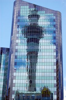 Auckland TV tower building reflection, New Zealand