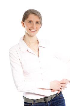 Smiling woman entrepreneur posing against the white background