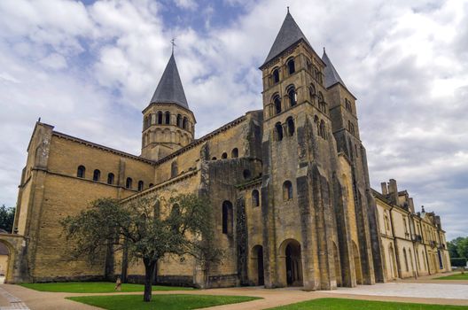 Romanesque church of Paray le Monial entrance with towers, France. 