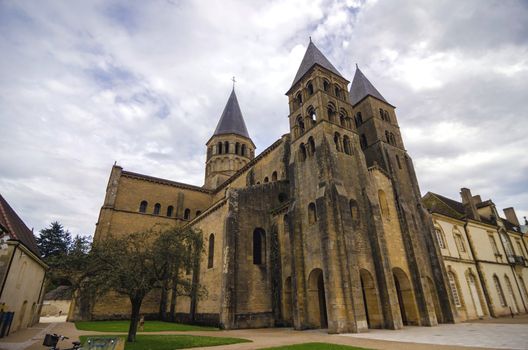 Romanesque church of Paray le Monial entrance with towers, France. 