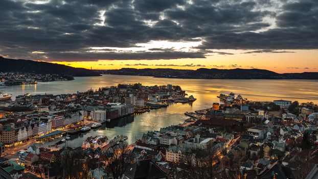 Bergen city in Norway at night view from mountain