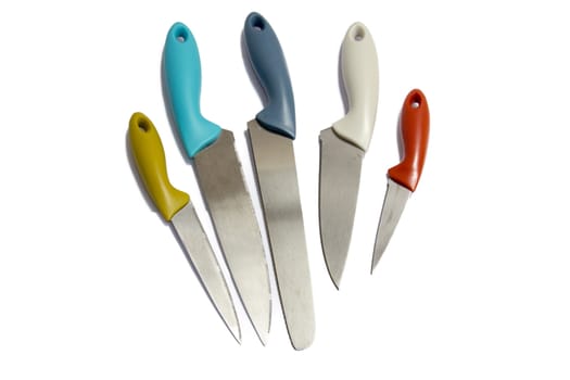 Set of kitchen knives on white background