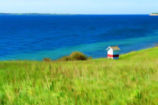 Coast seashore green meadow and soft hills Funen Denmark digital art manipulation