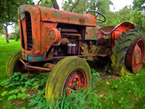 Old rusty red vintage tractor in a farm digital art manipulated