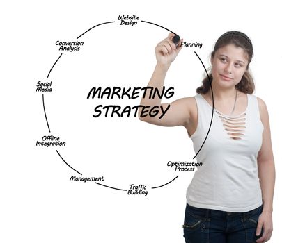 brunette businesswoman explaining marketing strategy on whiteboard