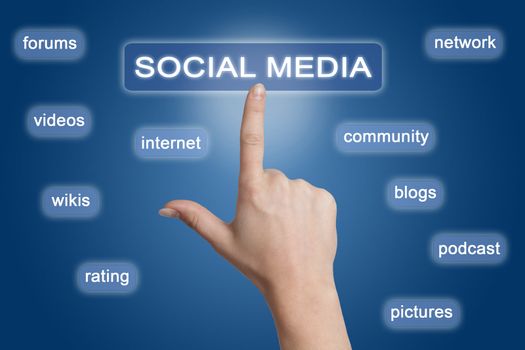 woman hand pointing to a social media button on blue background