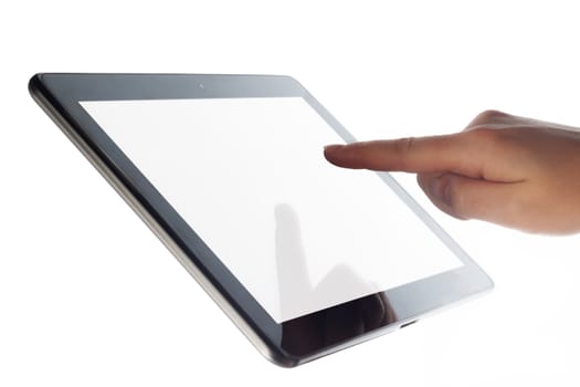 tablet computer isolated in a hand on the white backgrounds. 