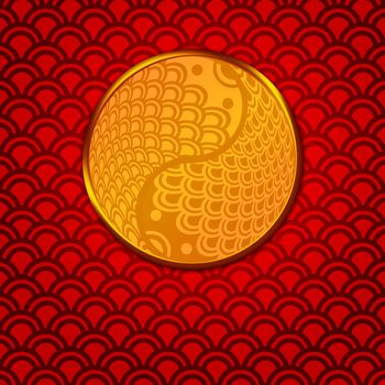 Chinese Pair of Fish in Yin Yang Eternity Circle Illustration on Red Pattern Background