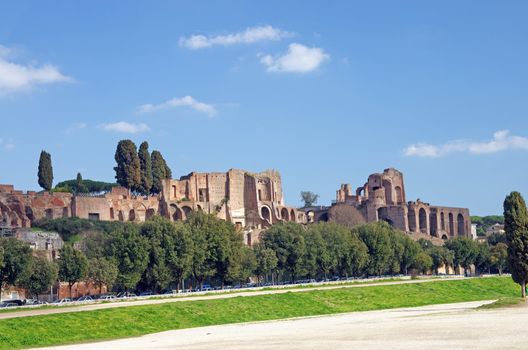 The Circus Maximus (roman chariot racing stadium) and Paltine Hill in Rome